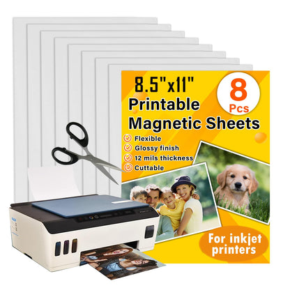 Towjug Printable Magnetic Sheets 8.5x11 Inches for Inkjet Printers, 8 Sheets Glossy Print Paper Non-Adhesive Backing, 12mil Thickness DIY Flexible Magnet Photos