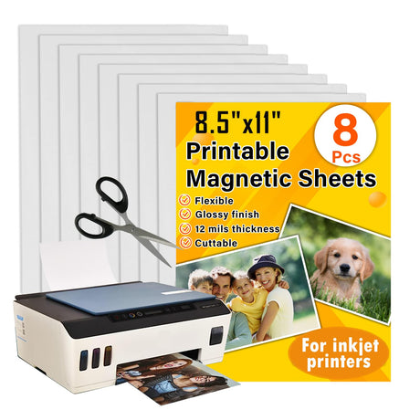 Towjug Printable Magnetic Sheets 8.5x11 Inches for Inkjet Printers, 8 Sheets Glossy Print Paper Non-Adhesive Backing, 12mil Thickness DIY Flexible Magnet Photos Towjug