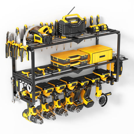 Power Tool Organizer Wall Mount - 150Lbs Load 3 Layers Storage Rack with 7 Drill Holders for Drills Cordless Tools. Heavy Duty Iron Garage Tool Organizer Storage for Workshop Shed Pegboard Basement Hipidian