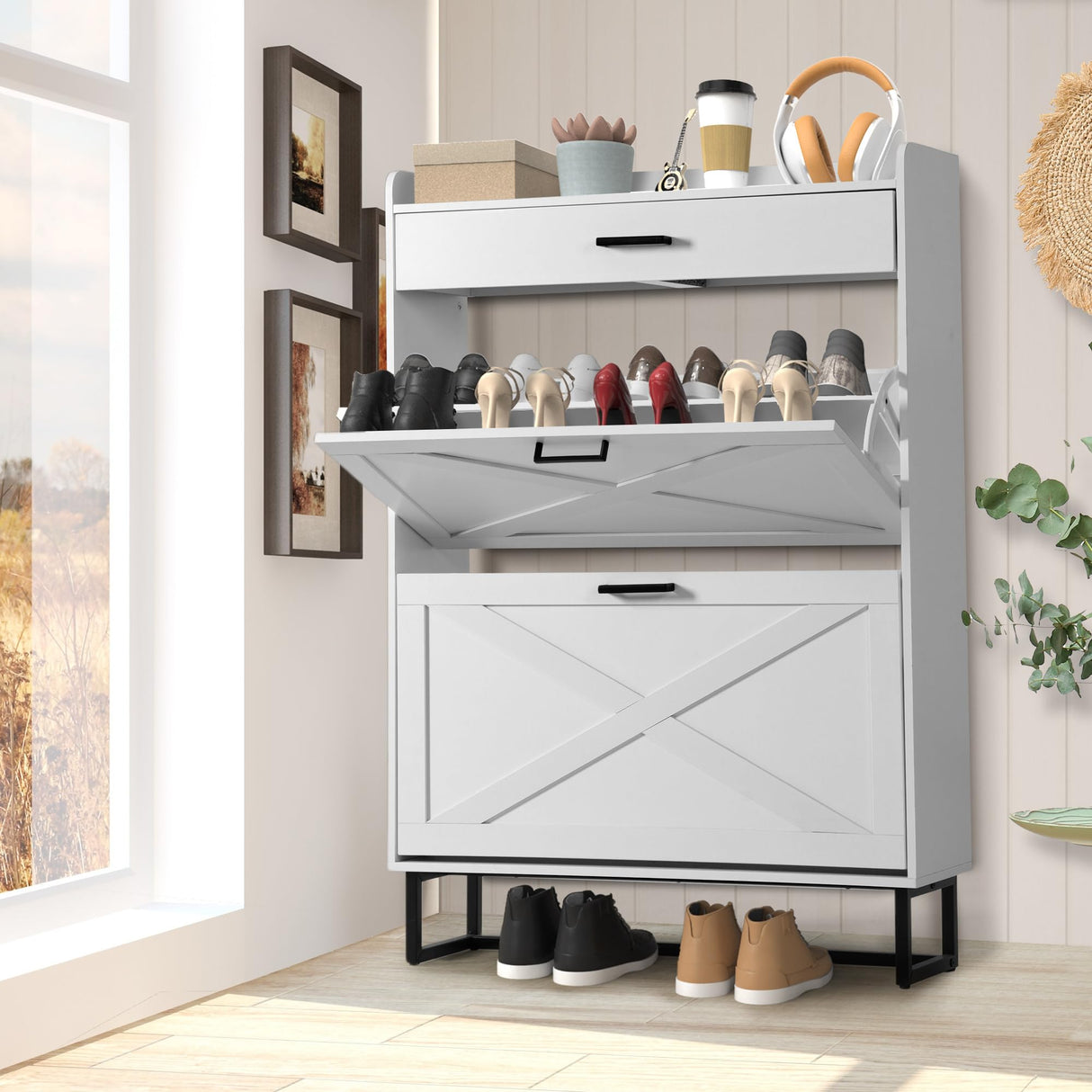 OneBlis Shoe Cabinet with 2 Flip Drawers, Freestanding Shoe Cabinet Organizer with Metal Legs, Wood Shoe Storage Cabinet for Entryway, Narrow Shoe Rack, White OneBlis