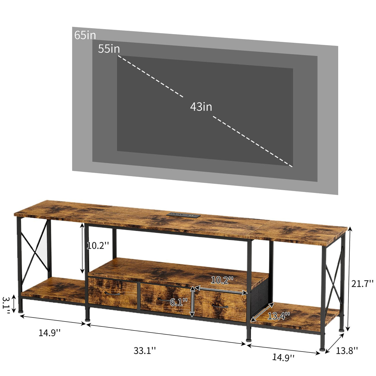 YGEOMER TV Stand Entertainment Center for 65 Inch TV with Power Outlets TV Console Table with Metal Frame Storage Shelves and Fabric Drawers for Living Room, Bedroom 63" Rustic Brown YGEOMER