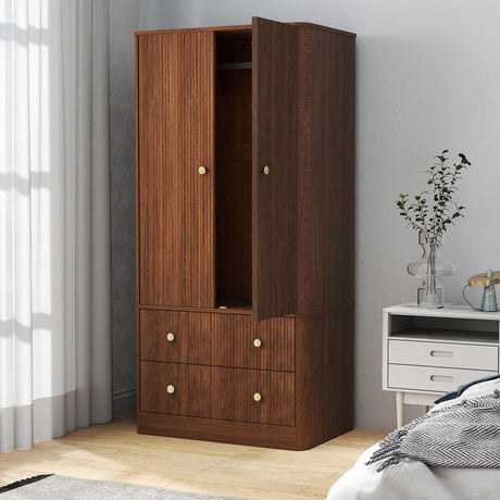 AraSyleon Wooden Wardrobe, Bedroom Armoire Closet with Drawers and Hanging Rod, Modern Fluted Gold Metal Handles, Large-Capacity Clothing Storage Cabinet, 66 inches Tall, Walnut AraSyleon