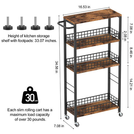 Slim Storage Cart Rolling Kitchen Cart with Wheels Narrow Laundry Storage Utility Cart 4 Tier Bathroom Mobile Shelving Unit Organizer with Wood Tabletop Trolly Cart with Handle for Small Spaces, Brown NORCEESAN
