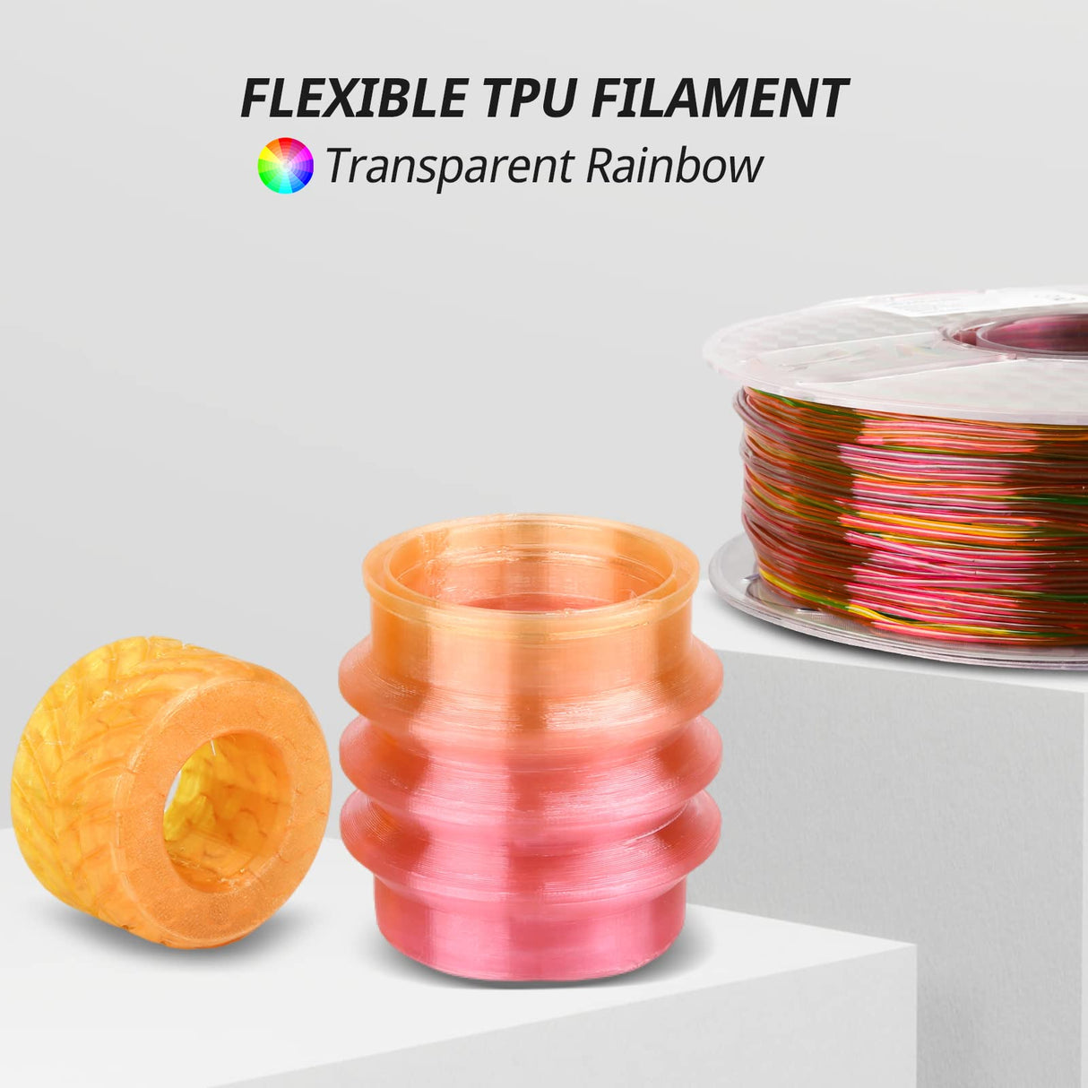 AMOLEN TPU 3D Printer Filament, Transparent Multicolor Rainbow TPU 1.75mm, Color Change Flexible Soft TPU 3D Printing Filament Supports High Speed, 1kg Spool(2.2lbs) AMOLEN