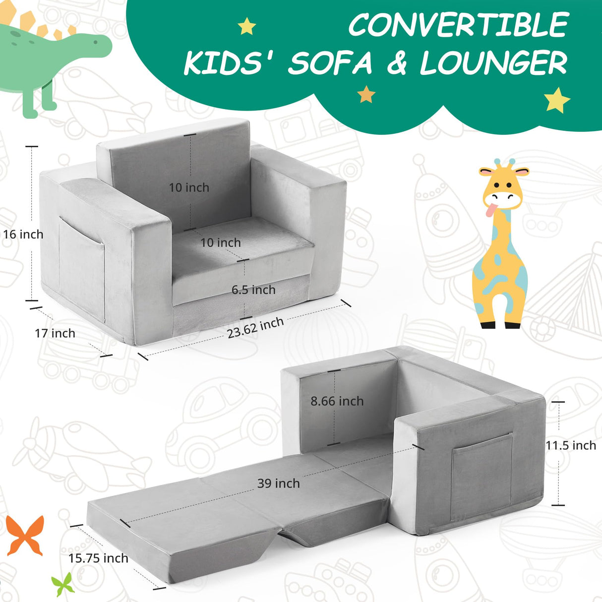 Kids Couch, 2-in-1 Toddler Chair Comfy 1-3 Years Old, Convertible Kids Chair, Toddler Couch That Fold Out, Kid Lounge Chairs for Boys and Girls, Soft Coral Fleece, Grey Zorvoxz