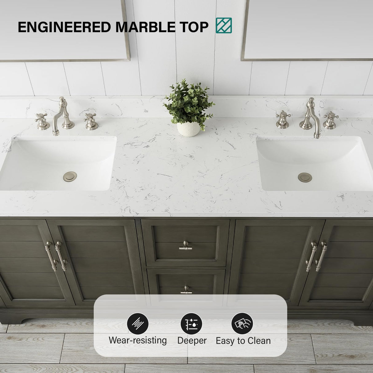 HOMEBEYOND 72 Inch Bathroom Vanity with Double Sink & Ceramic Top, Vanity Cabinet with Center Countertop Basin, Soft-Closing Doors, Backsplash, Sliver Grey HOMEBEYOND