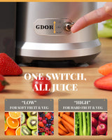GDOR 1200W Juicer with Larger 3.2" Feed Chute, Titanium Enhanced Cutting System, Centrifugal Juice Extractor Maker with Heavy Duty Full Copper Motor, Dual Speeds, BPA-Free, Silver GDOR
