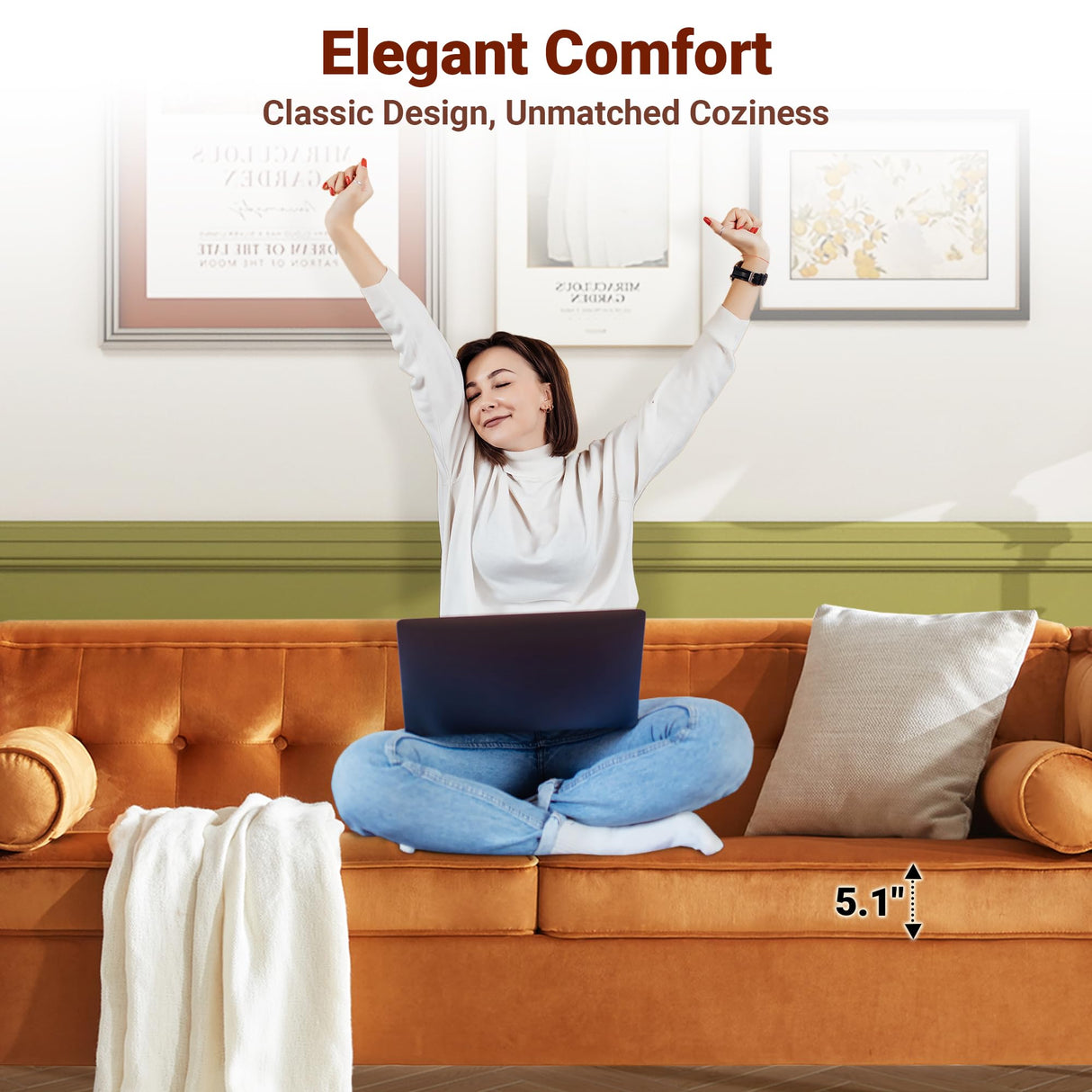 Dreamsir 78'' W Velvet Sofa, Mid-Century Love Seats Sofa Furniture with Bolster Pillows, Button Tufted Couch for Living Room, Tool-Free Assembly (Ginger) Dreamsir