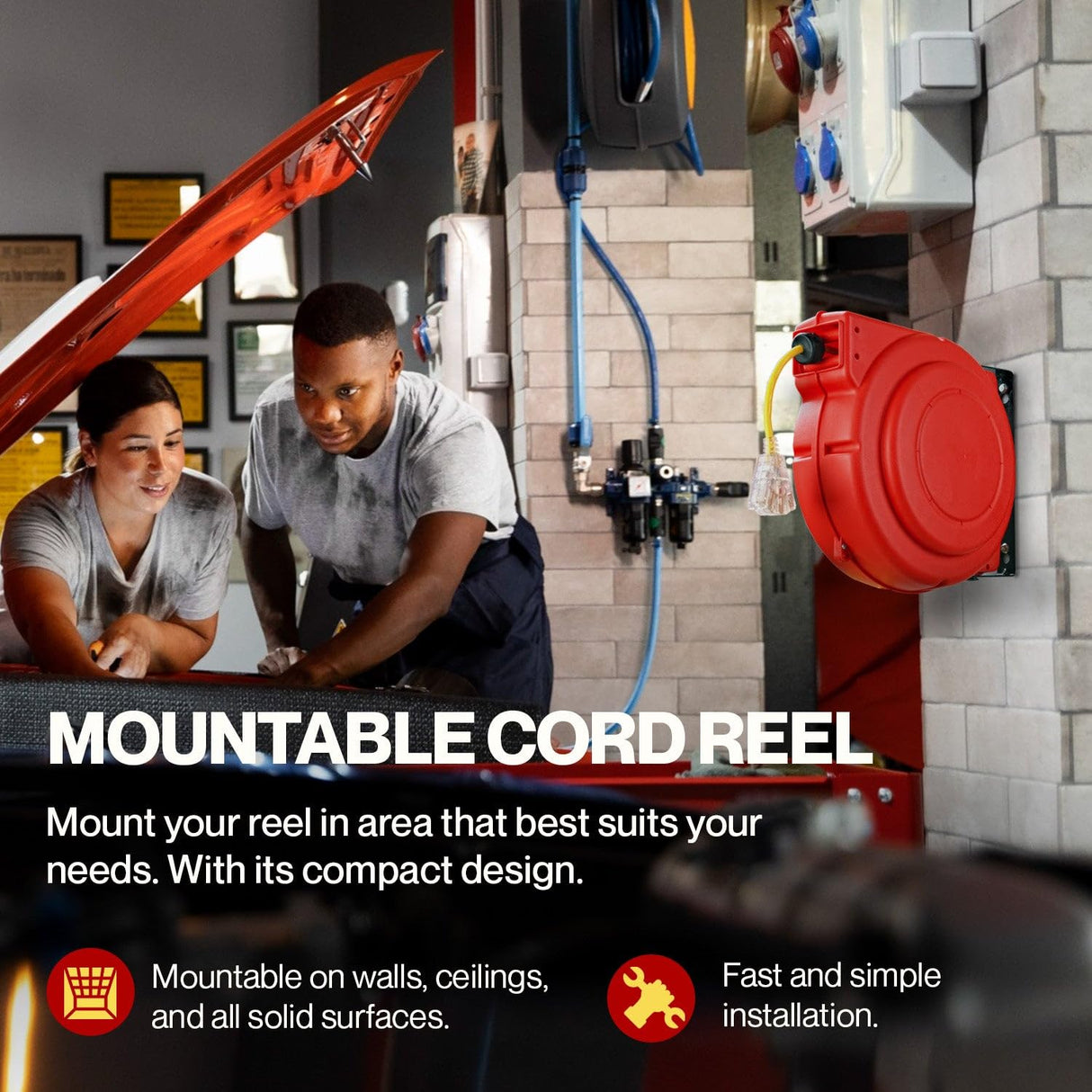 ReelWorks Extension Cord Reel Retractable Longest Industrial 12awg x 80' Foot Commercial Premium Grade Ultra Flexible 3C/SJTOW Glow Strip Cable and Led Light Up Triple Tap Connector Use Indoor/Outdoor ReelWORKS