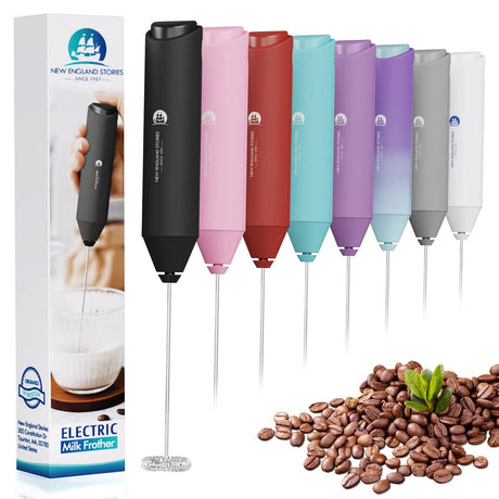 Powerful Milk Frother Wand - Mini Handheld Milk Frother with Stainless Steel Whisk - Battery-Powered Drink Mixer for Coffee, Lattes, Cappuccinos, Matcha - Coffee Enthusiasts Gift - Black New England Stories