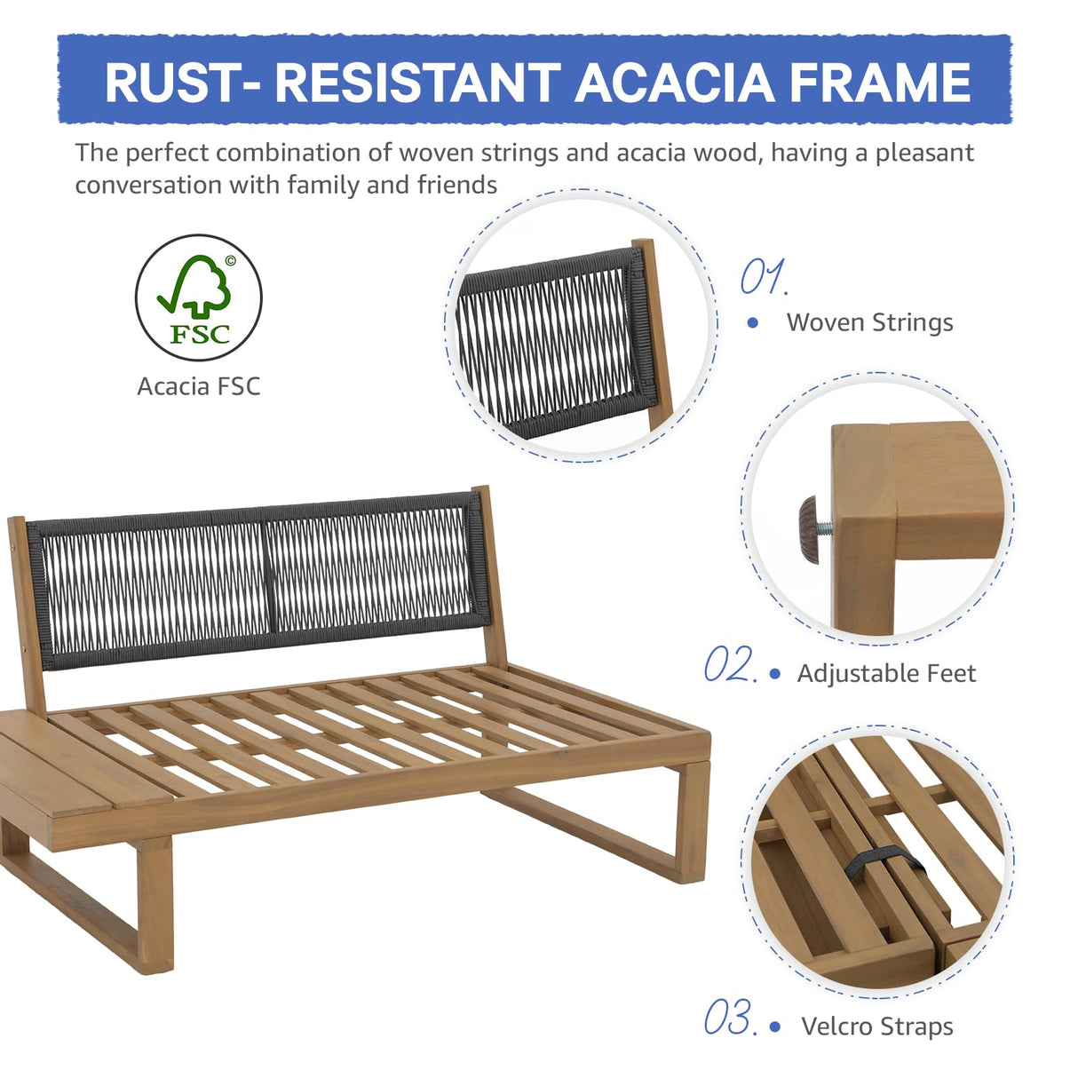Soleil Jardin 4 Piece Acacia Wood Patio Furniture L-Shaped Outdoor Sectional Sofa Set with Coffee Table, FSC Certified Conversation Set with Built-in Side Table and Cream White Cushions for Garden Soleil Jardin