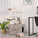 Heybly Cat Tree, Wood Litter Box Enclosure with Food Station, All-in-one Indoor Cat Furniture with Large Platform and Condo, Modern Style Cat Tower, Hammock, Rustic Brown HCT102SG Heybly