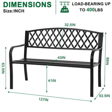 50-Inch Garden Bench,Park Outdoor Bench Metal Bench Clearance Yard Porch Chair with Steel Frame Outdoor Furniture for Backyard Entryway Deck Lawn, Black FDW