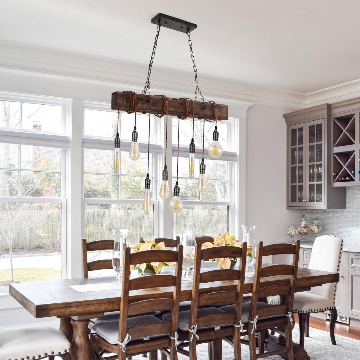 SEEBLEN 8-Lights Farmhouse Kitchen Island Pendant Light, Rustic Wood Chandeliers for Dining Room,Height Adjustable Island Light,Dining Room Bar Restaurant Cafe Pool Table. SEEBLEN