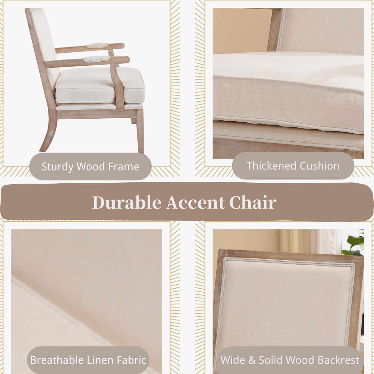 chairus Farmhouse Linen Accent Chair for Living Room, Upholstered Reading Chair with Solid Wood Frame Lounge Arm Chair with High Back for Bedroom, Reception Room, Waiting Room, Beige chairus