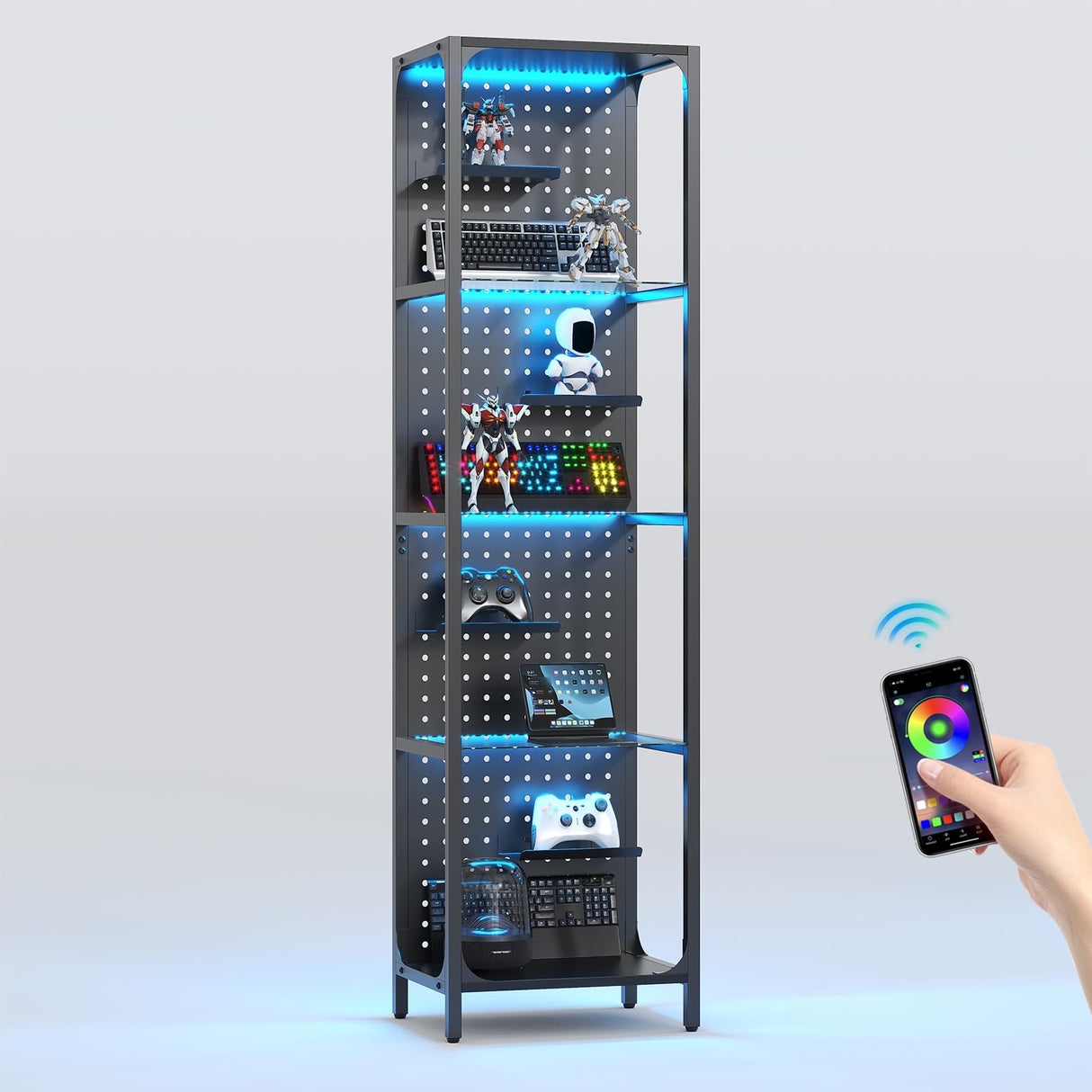 Saudism Glass Display Shelf for Collectibles, LED Black Shelf, Curio Cabinet, Lighted Tall Narrow Shelf with Pegboard Steel Frame for Gaming Room, Floor Lamp with Shelves, Living Room, Bedroom, Small Saudism