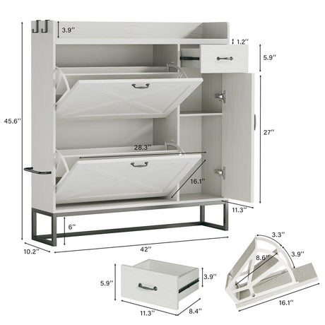 HUAHUU Shoe Cabinet with 2 Flip Drawers & Side Cabinet, Shoes Cabinet with Adjustable Shelves, Shoe Storage with Drawer & Mounted Shoe Rack for Entryway, Hallway, Shoe Organizer Cabinet, White HUAHUU