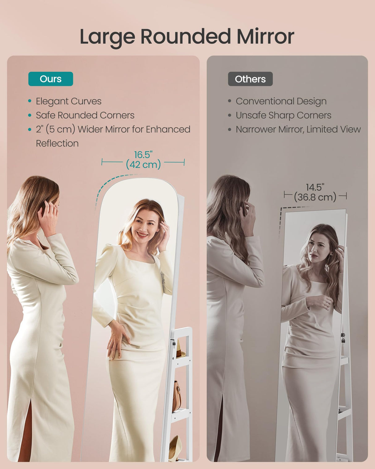 SONGMICS LED Jewelry Cabinet, 360° Swivel Jewelry Organizer, Lockable Mirror Jewelry Cabinet Standing, Rounded Wide Full-Length Mirror with Storage Shelves, Interior Mirror, Cloud White UJJC036W01 SONGMICS