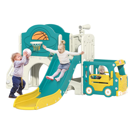 NYEEKOY 9-in-1 Toddler Slide, Bus-Themed Baby Slide and Climber Playset with Basketball Hoop, Ring-Toss, Car Playhouse, Kids Indoor and Outdoor Playground Nyeekoy