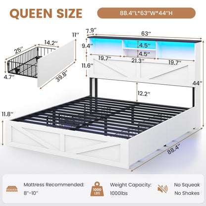 VIAGDO Farmhouse Bed Frame Queen Size with Bookcase Storage Headboard, Charging Station and LED Lights, Wooden Queen Bed Frame with 4 Drawers, Barn Door Design, No Box Spring Needed, No Noise, White