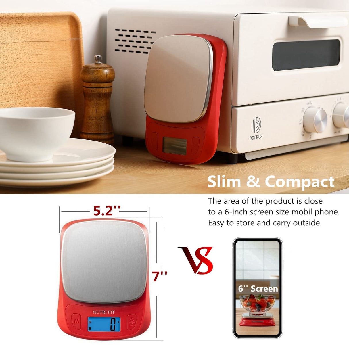 NUTRI FIT Ultra Slim Food Scale Digital Kitchen 1g Increment Measure in lb oz ml High Precision Weight in Grams and oz for Coffee Making, Meal Prep - Red/Stainless Steel NUTRI FIT