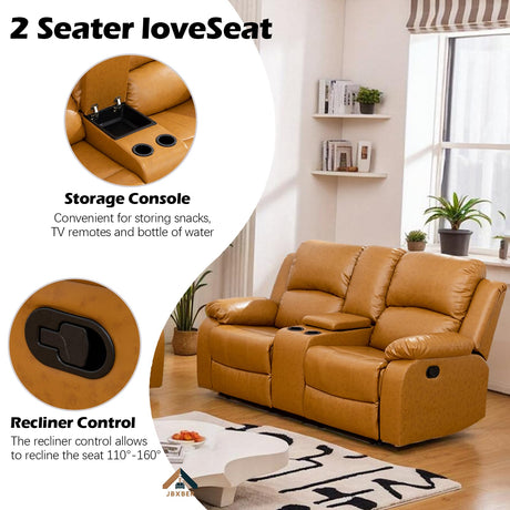 JBXBER Manual Recliner Sofa Set for Living Room, Leather Reclining Sofa Sets, Faux Leather Couch Set with Cup Holders, Drop-Down Table and Storage Console(3 Piece Set,Ginger) JBXBER