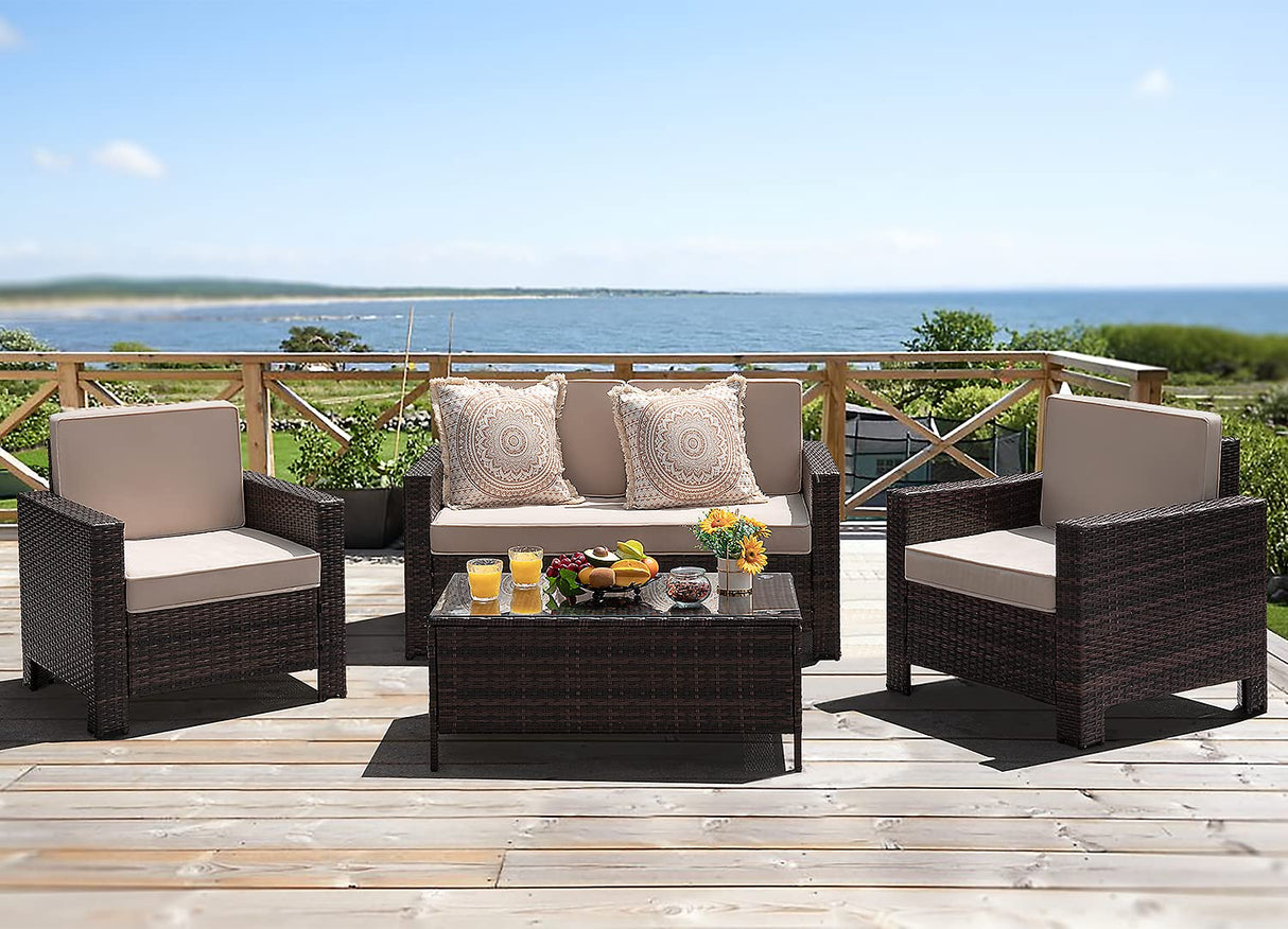Homall 4 Pieces Patio Furniture Sets Rattan Chair Wicker Conversation Sofa Set, Outdoor Indoor Backyard Porch Garden Poolside Balcony Use (Beige) Homall