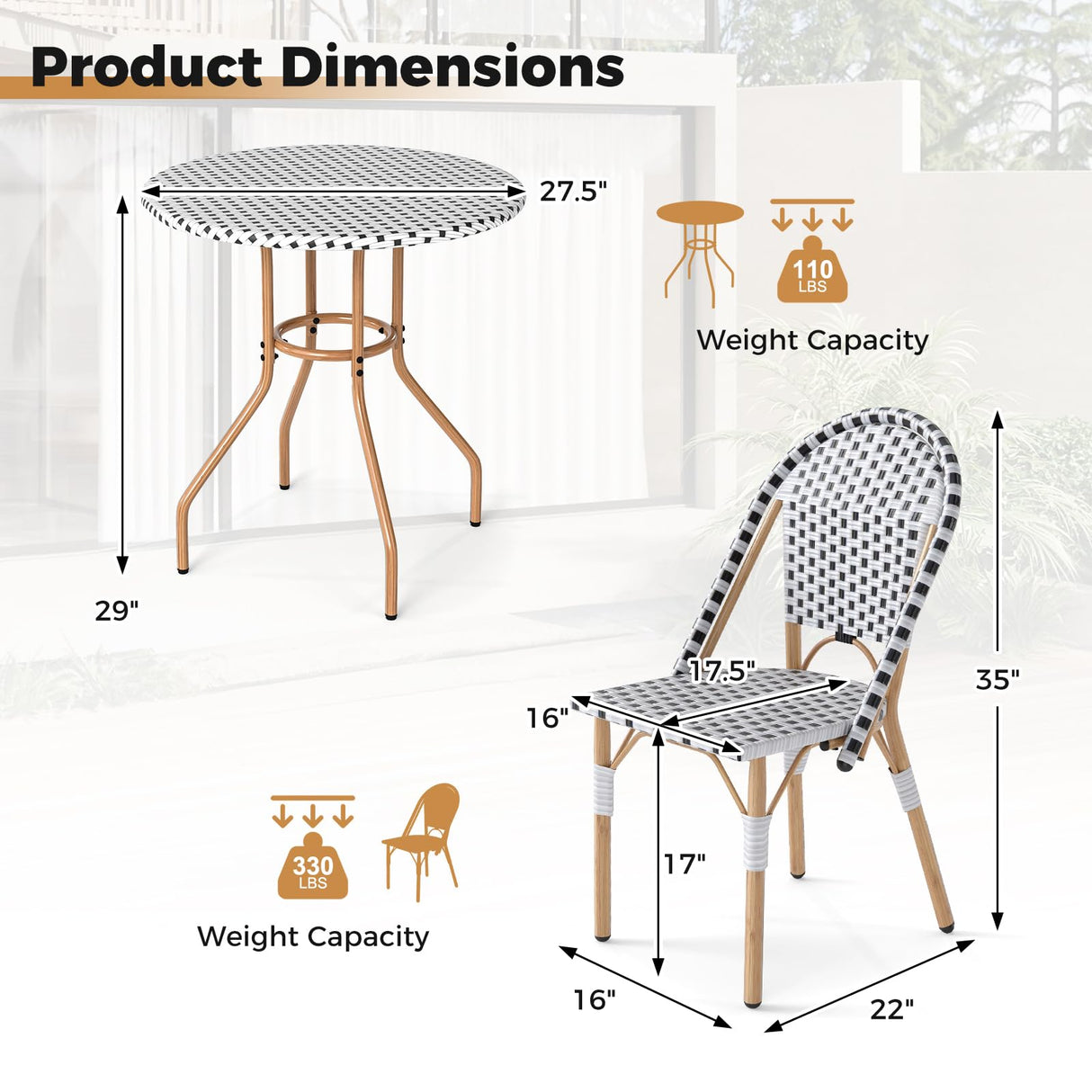 Tangkula 3 Piece French Bistro Table Chair Set, Outdoor Wicker Round Table & 2 Dining Chairs with Metal Support, Outside Accent Dining Furniture Set for Garden, Balcony, Porch Tangkula