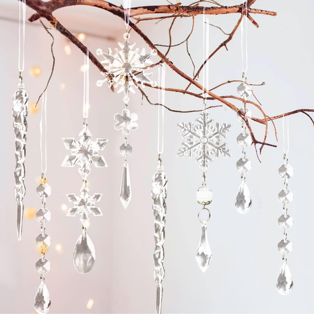18pcs Christmas Tree Decoration Crystal Ornaments - Hanging Acrylic Christmas Snowflake Icicle Drop Crystal Ornaments for Xmas Tree Winter New Year Party Supplies OuMuaMua