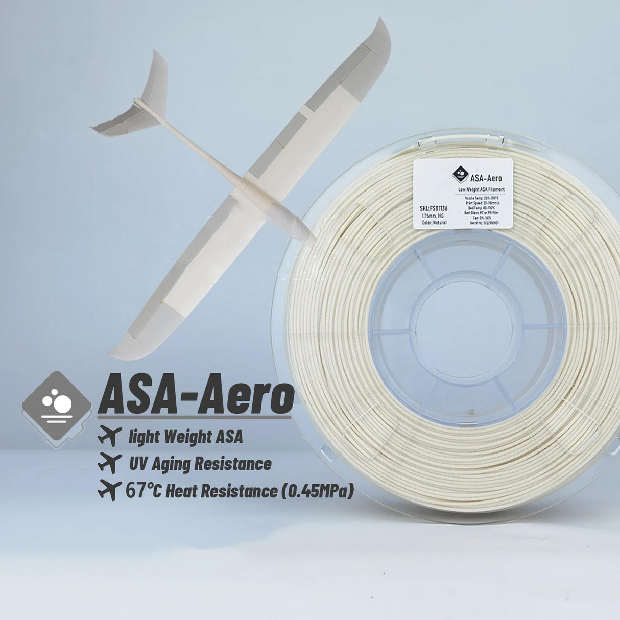LW ASA Filament 1.75mm, Low Density ASA Filament 1kg Spool, Black Filament, UV and Heat Resistant, Foaming ASA Filament for 3D Printers 3D Printed Airplane (Black) Spriour