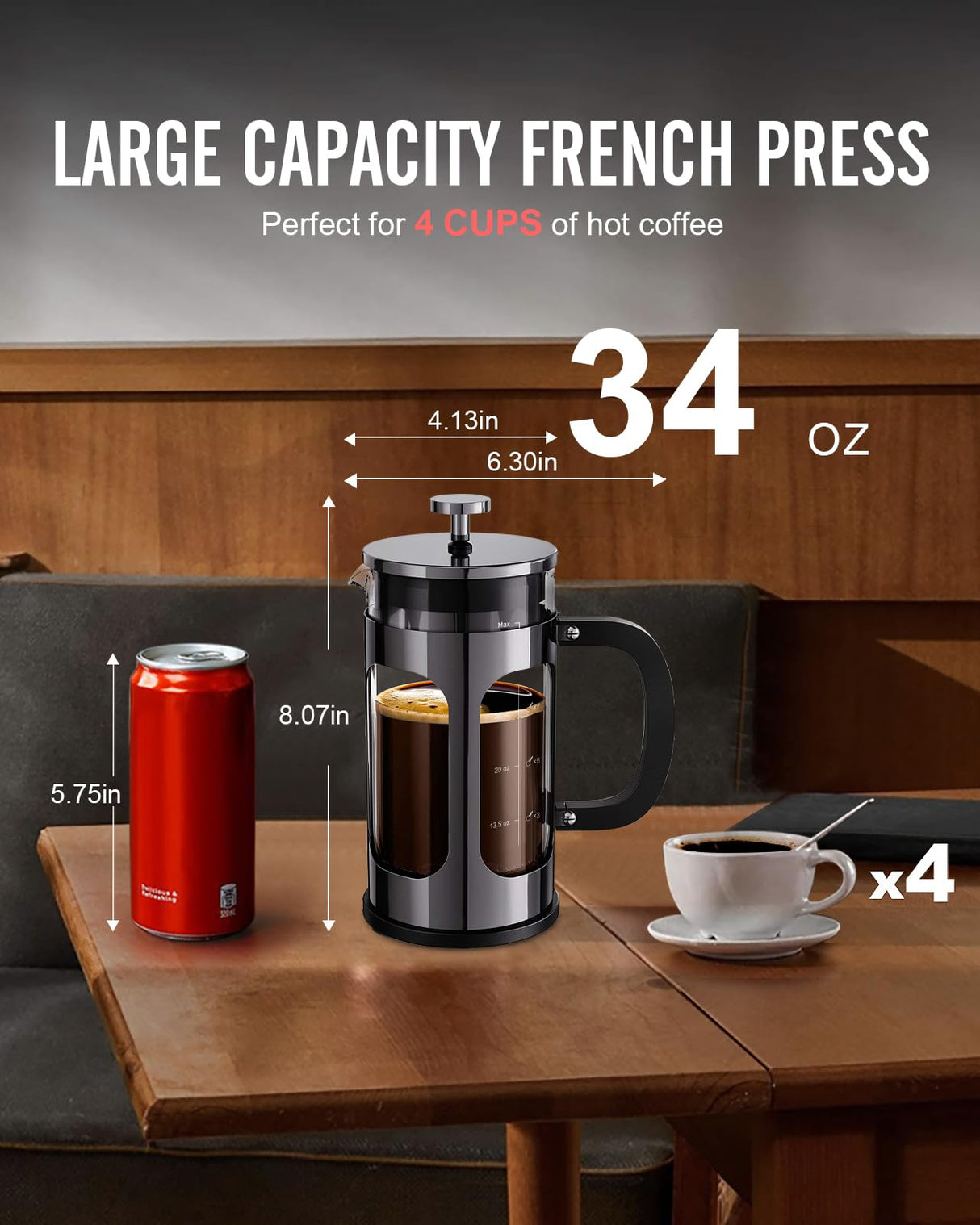 BAYKA 34 Ounce 1 Liter French Press Coffee Maker, Heat Resistant Thickened Borosilicate Glass Stainless Steel Brewer, Cold Brew Cafetera Teapot for Kitchen Travel Camping, Dark Pewter BAYKA