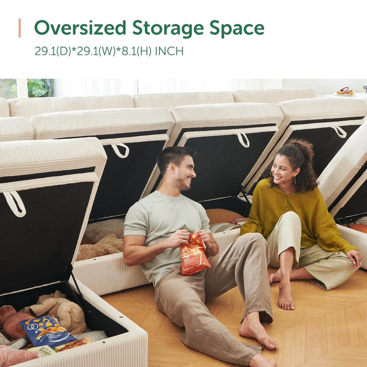 HONBAY Modular Sectional Couch with Storage Corduroy Sectional Sofa with Chaise U Shaped Sectional Couches for Living Room,Beige HONBAY