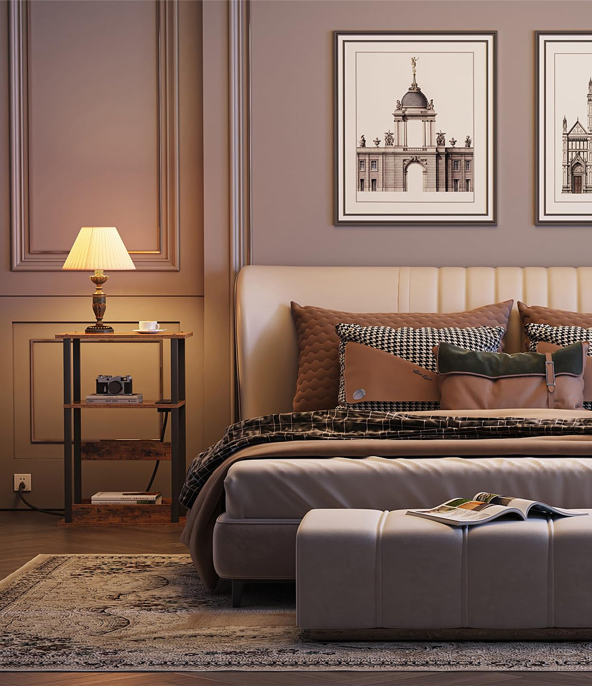 VIMBER Narrow Side Table with Charging Station, 2 Set of Skinny End Table for Small Spaces, Sofa Beside Table with Storage Shelf, Slim Nightstand with USB Ports Outlet, Rustic and Brown VIMBER