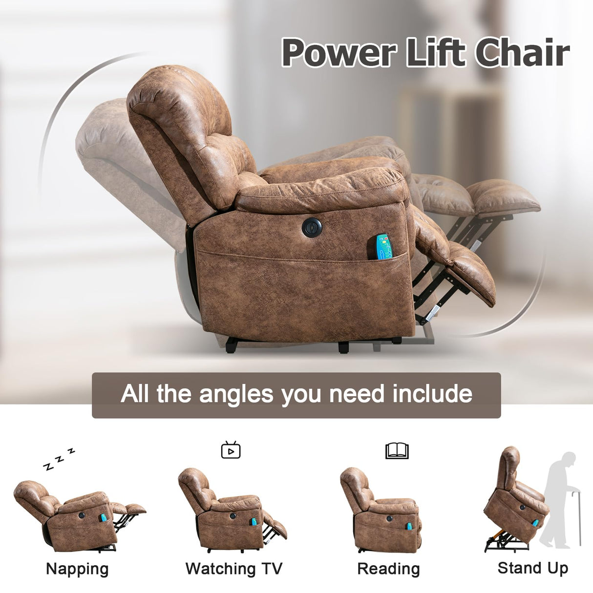 Phoenix Home Large Power Lift Recliner with Massage and Heat for Elderly, Heavy Duty & Safety Motor Reclining Chair, Faux Leather Electric Wider Recliner with USB Ports, 2 Side Pockets, Brown Phoenix Home