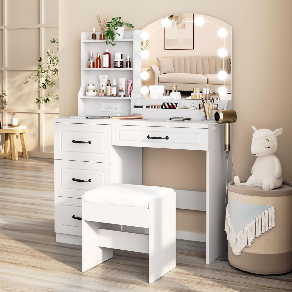 Vabches Makeup Vanity Desk with Lights and Charging Station, White Vanity Set Makeup Table with 4 Drawers Lots Storage, 3 Lighting Colors, Large Size 39.4in(W) Vabches
