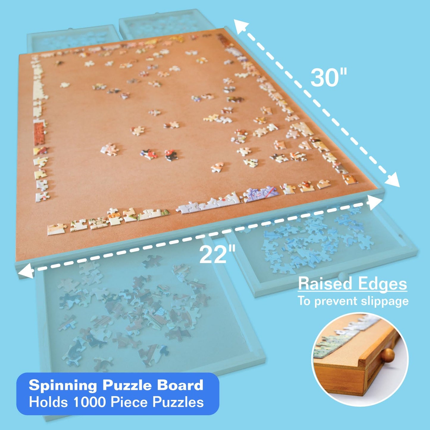 Bits and Pieces - 1000 Piece Puzzle Board with Drawers - Original Standard Wooden Puzzle Plateau - Tabletop Deluxe Jigsaw Puzzle Organizer and Puzzle Storage System (Standard with Spinner) - WoodArtSupply