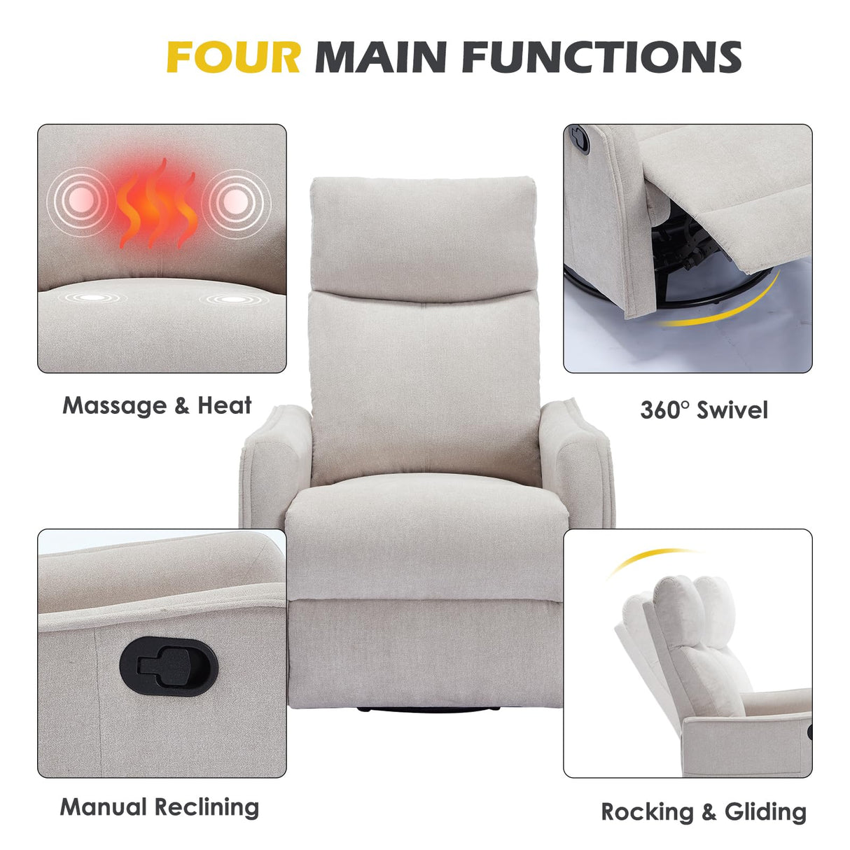 Trustyue Swivel Rocker Recliner Chair, 360° Swivel Recliner with Heat and Massage, Rocker Recliner Nursery Glider Chair with Side Pockets for Living Room (Beige, Fabric) Trustyue