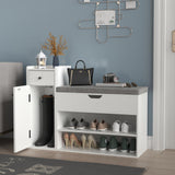 Gyfimoie Shoe Storage Bench, Farmhouse Entryway Bench with Drawer, 2-Tier Shoe Bench with Seat Cushion & Lift Top Storage Box, Slim Shoe Cabinet Bench for Entryway, Living Room, Bedroom (White) Gyfimoie