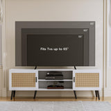 ZttRiee TV Stand for TVs up to 65'', Mid Century Modern Entertainment Center with Rattan Door, Shelves & 2 Cabinets, Boho Media TV Console for Living Room, Bedroom, White ZttRiee
