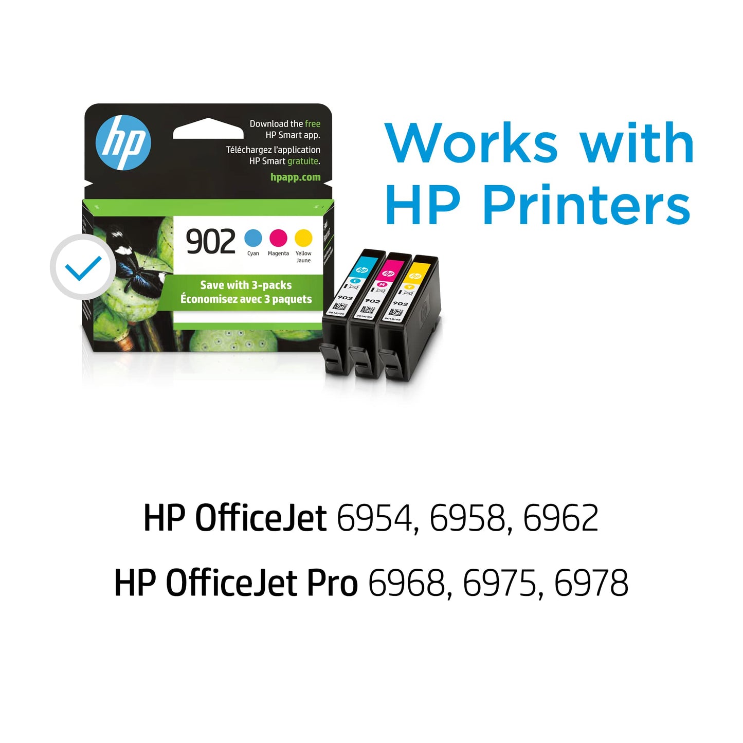 HP 902 Cyan, Magenta, Yellow Ink Cartridges (3-pack) | Works with HP OfficeJet 6950, 6960 Series, HP OfficeJet Pro 6960, 6970 Series | Eligible for Instant Ink | T0A38AN