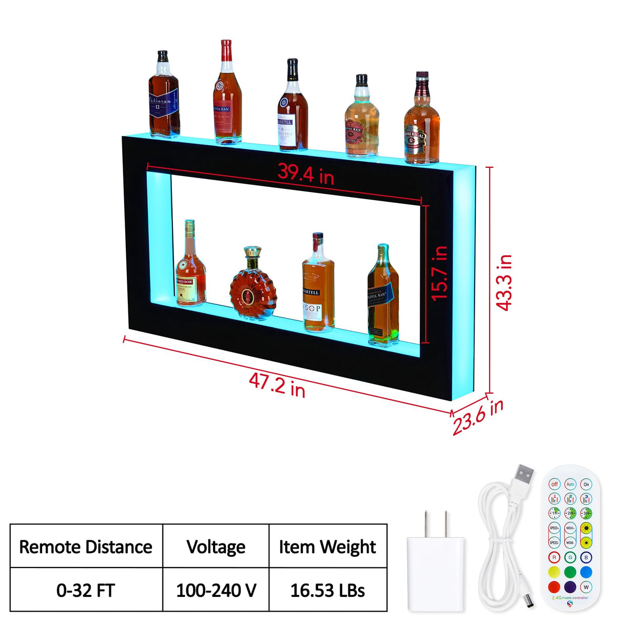 Takywep LED Lighted Liquor Bottle Shelf, Square 2-Tier 48 Inch Bar Bottle Display Shelf with Remote & App Control, 16 Colors, Wall Mounted Acrylic Liquor Shelf for Home Commercial Bar Takywep