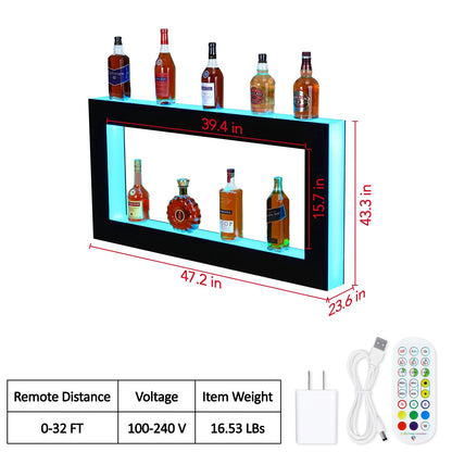 Takywep LED Lighted Liquor Bottle Shelf, Square 2-Tier 48 Inch Bar Bottle Display Shelf with Remote & App Control, 16 Colors, Wall Mounted Acrylic Liquor Shelf for Home Commercial Bar - WoodArtSupply