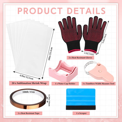 Tiangrid 27 Pcs Sublimation Tumblers Pinch Supplies Silicone Tumbler Holder Sublimation Tumbler Clamp Heat Tape Padded Squeegee Grip Tool Gloves Shrink Wrap for 20 oz Sublimation Blanks Tumblers