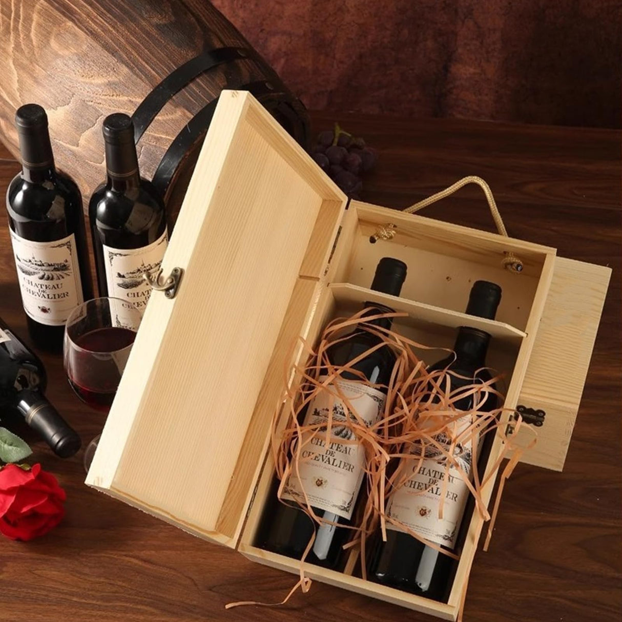 TANG SONG Wooden Double Bottle Box - Single Wine Bottle Storage with Locking Latch for Any Occasion TANG SONG