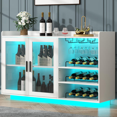 Loomie Wine Bar Cabinet with LED Lights, Floating Coffee Bar with Glass Rack and Removable Wine Racks, Modern Buffet Sideboard with Storage Shelves, Kithchen Bar with Glass Cabinet Doors, White Loomie