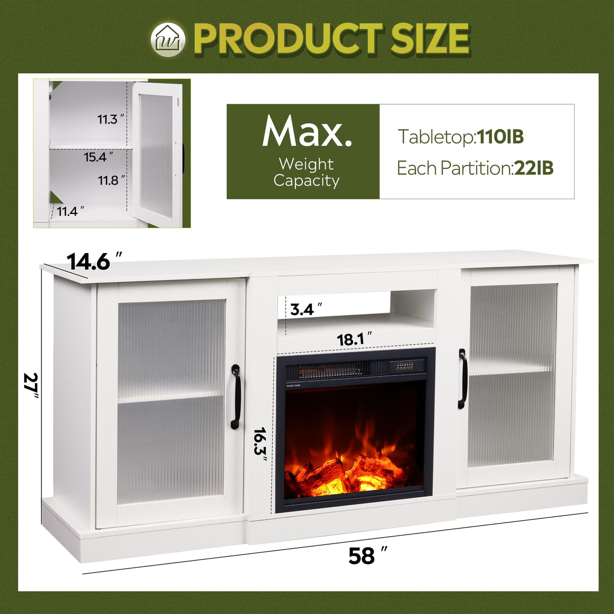 WLIVE Fireplace TV Stand for 65" TV, Entertainment Center with 18 Inch Electric Fireplace, TV Console with Open Shelves for Living Room and Bedroom, White WLIVE