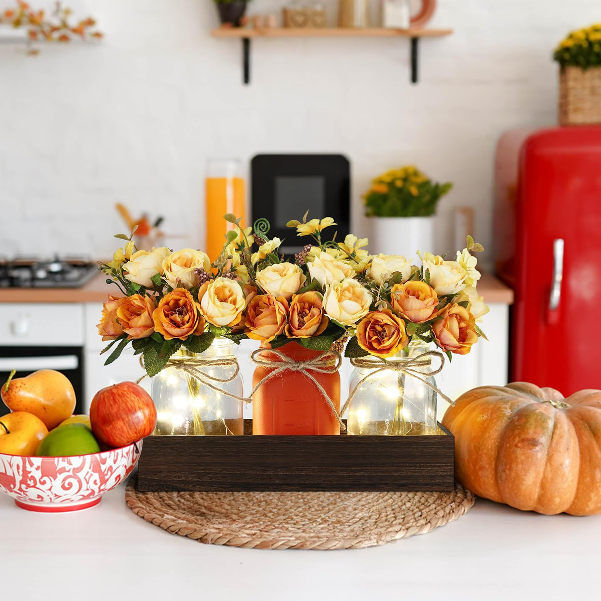 Mason Jar Lights Centerpiece Table Decorations Fall Decor for Home – 3 Jar Flowers with String Lights and Wooden Tray for Dining Room, Farmhouse Autumn Wedding, Kitchen, Living Room, Bathroom VAIPI