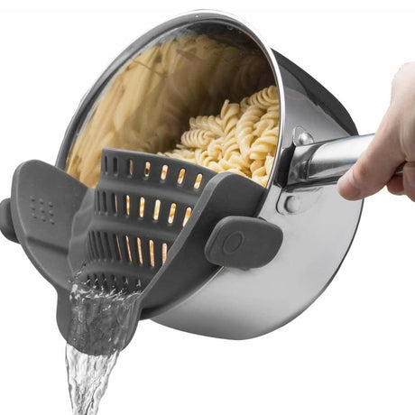 Kitchen Gizmo Snap N' Strain - Silicone Pasta Strainer Clip-On for Pots and Pans - Heat Resistant Colander for Vegetables and Noodles - Kitchen Gadgets for Cooking - Space-Saving Design - Grey Kitchen Gizmo