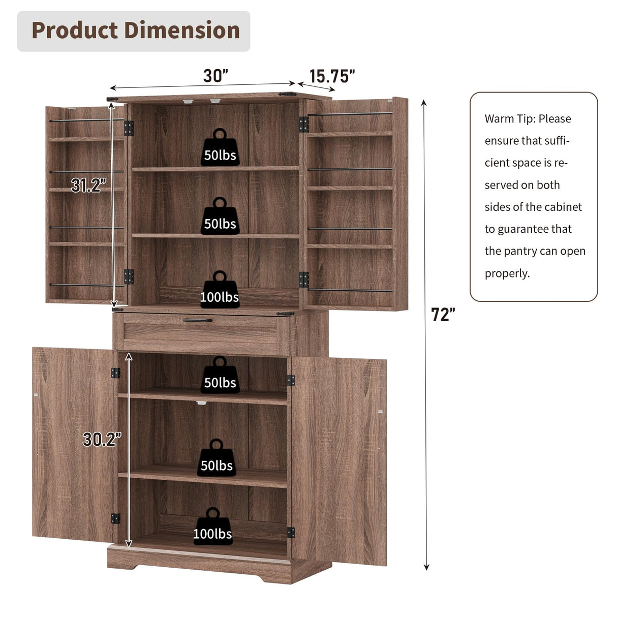 FUSOU 72'' Kitchen Storage Pantry Cabinet, Tall Storage Cabinet with 8 Door Shelves, 2 Cabinets and 1 Drawer, Freestanding Cupboard for Kitchen, Dining Room, Bathroom, Laundry, Living Room, Espresso FUSOU