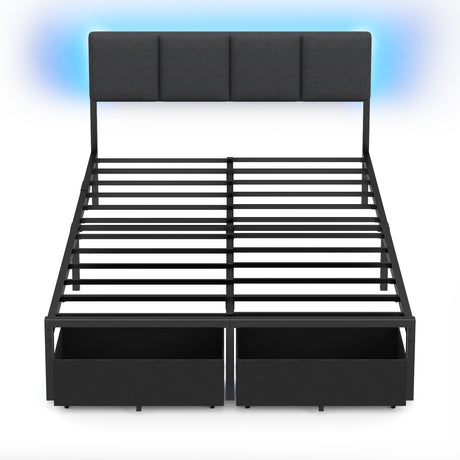Furnulem Full Size Bed Frame with Headboard,Upholstered Bed Full with LED Light,USB Charging Station,Platform Bedframe with 2 Fabric Underbed Storage Drawers,No Spring Box Needed Furnulem